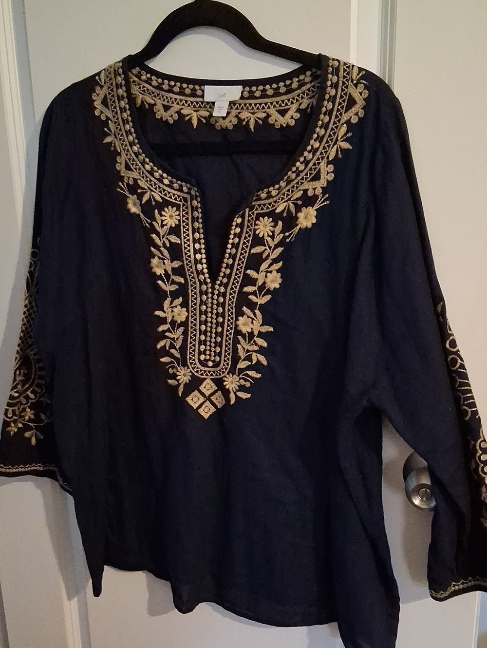 J. Jill Navy Tunic with Gold Embroidered Neckline